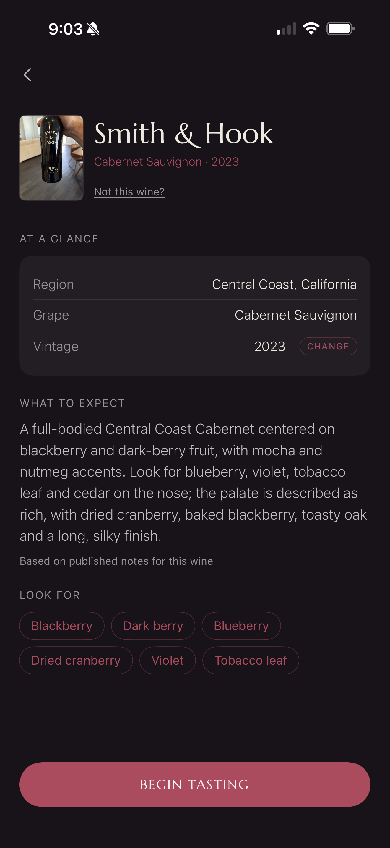A wine identified in SWRL: Smith & Hook Cabernet Sauvignon 2023, with region, grape, vintage and what to expect