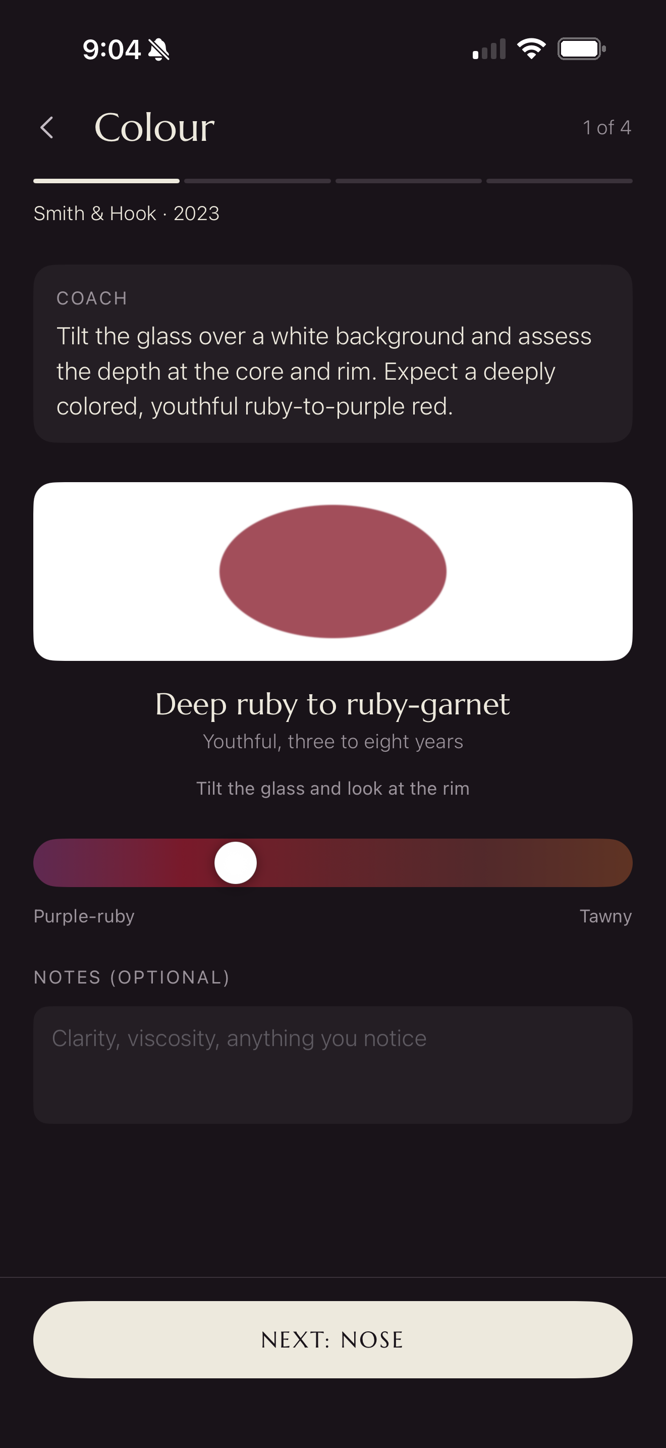 The colour step in SWRL, with coaching text, a deep ruby colour swatch and a purple-ruby-to-tawny slider