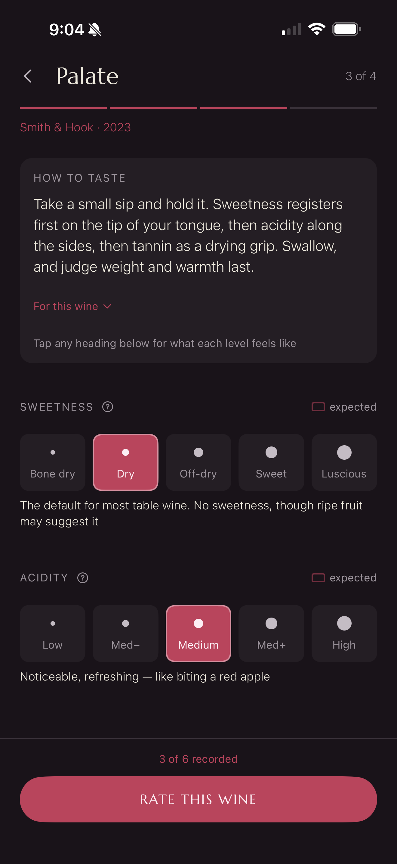 The palate step in SWRL, with guidance on how to taste and sweetness and acidity levels recorded