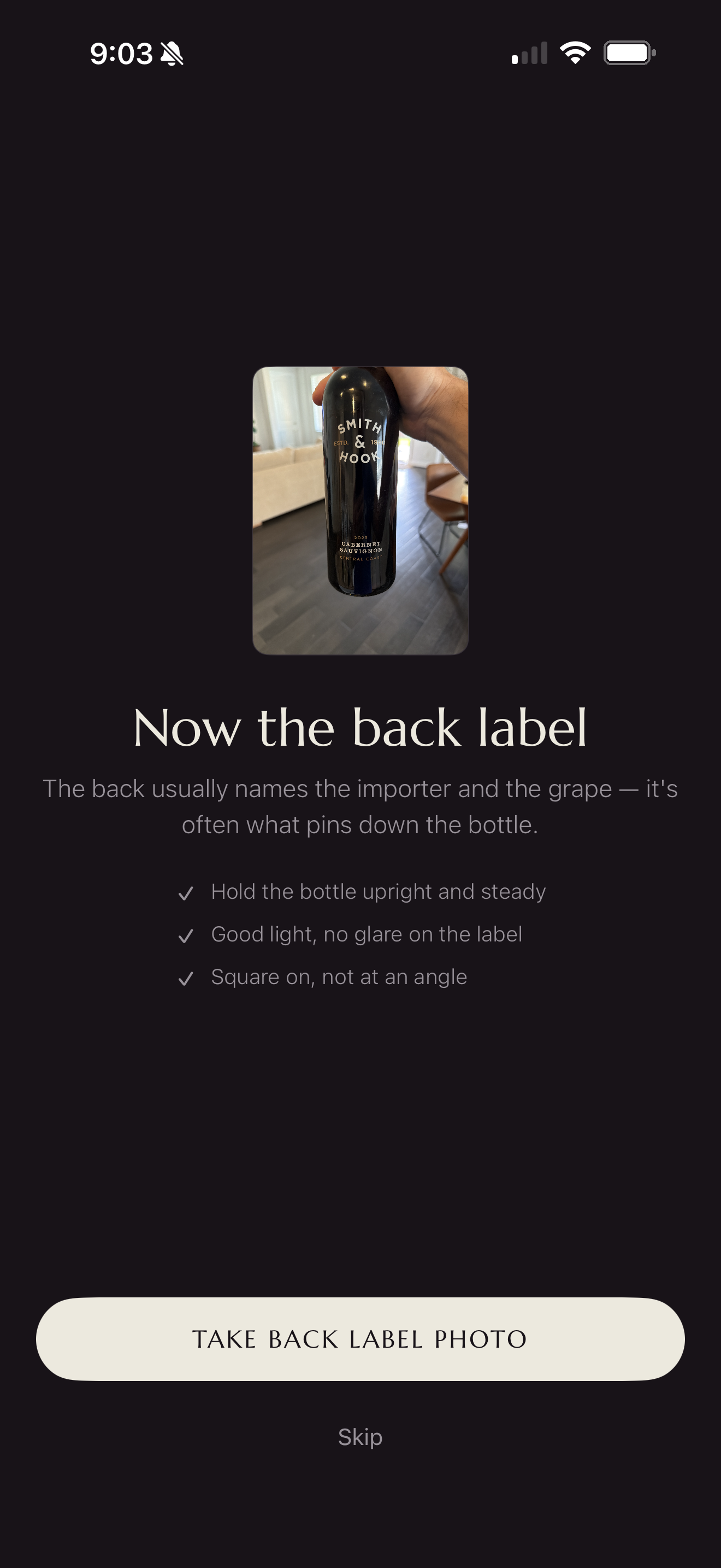 SWRL prompting for a photo of the back label, with tips on holding the bottle steady and avoiding glare